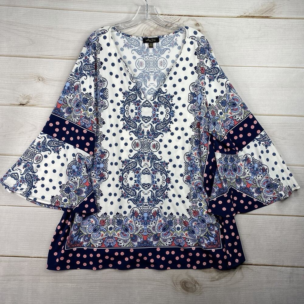 Melissa Paige Boho-Chic 2X Tunic Blouse Floral 3/4 Bell Sleeve Stretch V Neck